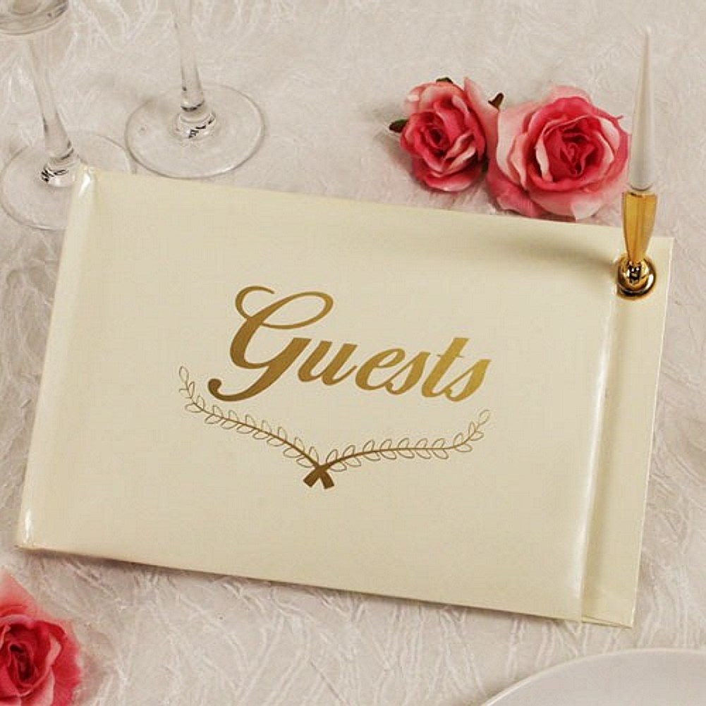 Ivory Guest Book With White Pen and Gold Holder - 9 1/2in. x 6in. (5114-4)