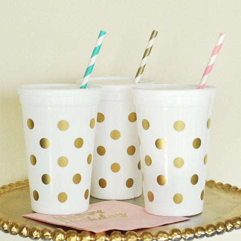 White and Gold Polka Dot Party Cups with Lids (set of 75) - Sophie's Favors and Gifts