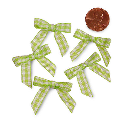 Green and White Pre-Tied Tiny Gingham Checkered Bows - 1 3/16in. x 1 1/4in. - 25 Pack - Sophie's Favors and Gifts