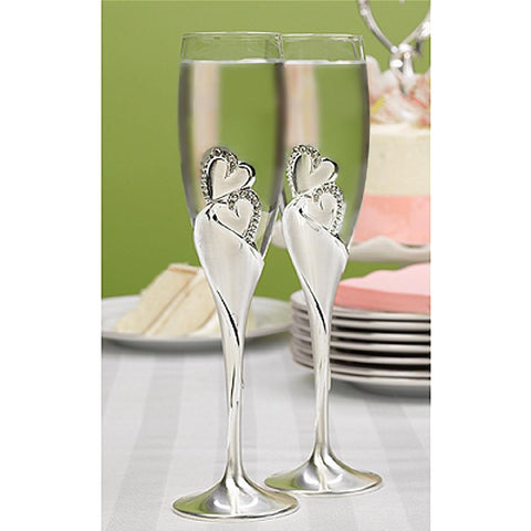 Double Heart and Rhinestone Wedding Flutes - Set of 2 - Sophie's Favors and Gifts