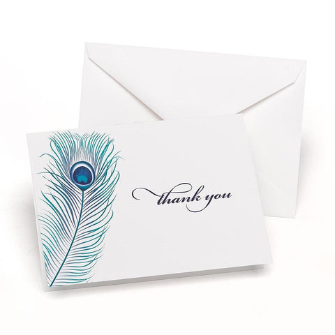 Peacock Feather Thank You Cards and Envelopes (Set of 50) - Sophie's Favors and Gifts