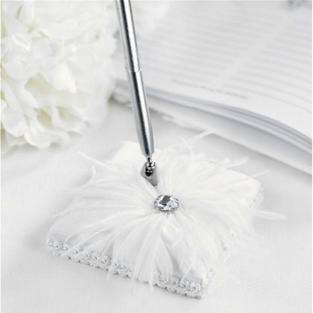 Feathered White Satin Pen Set with Silver Tone Pen - Gemstone Accent - Sophie's Favors and Gifts