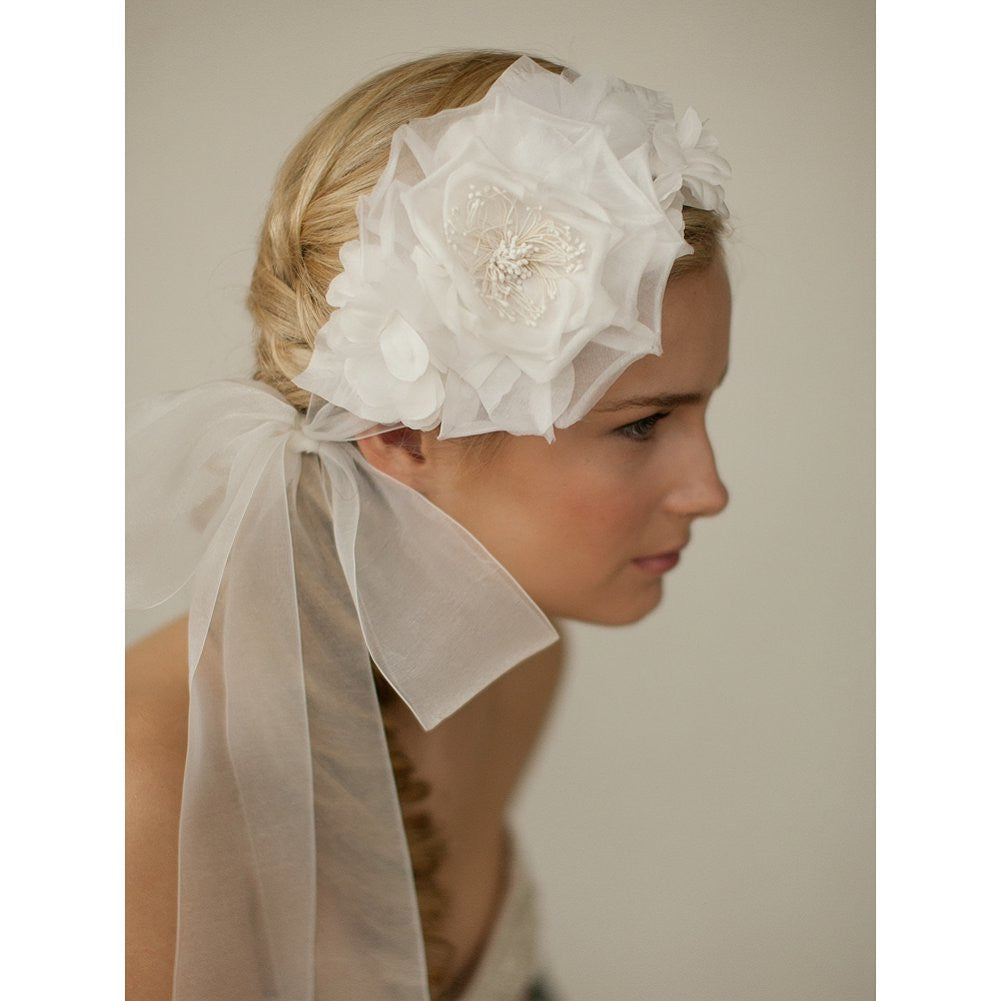 Handmade Ivory Silk Flower Bridal Headband with Wide Sheer Ribbon - Sophie's Favors and Gifts