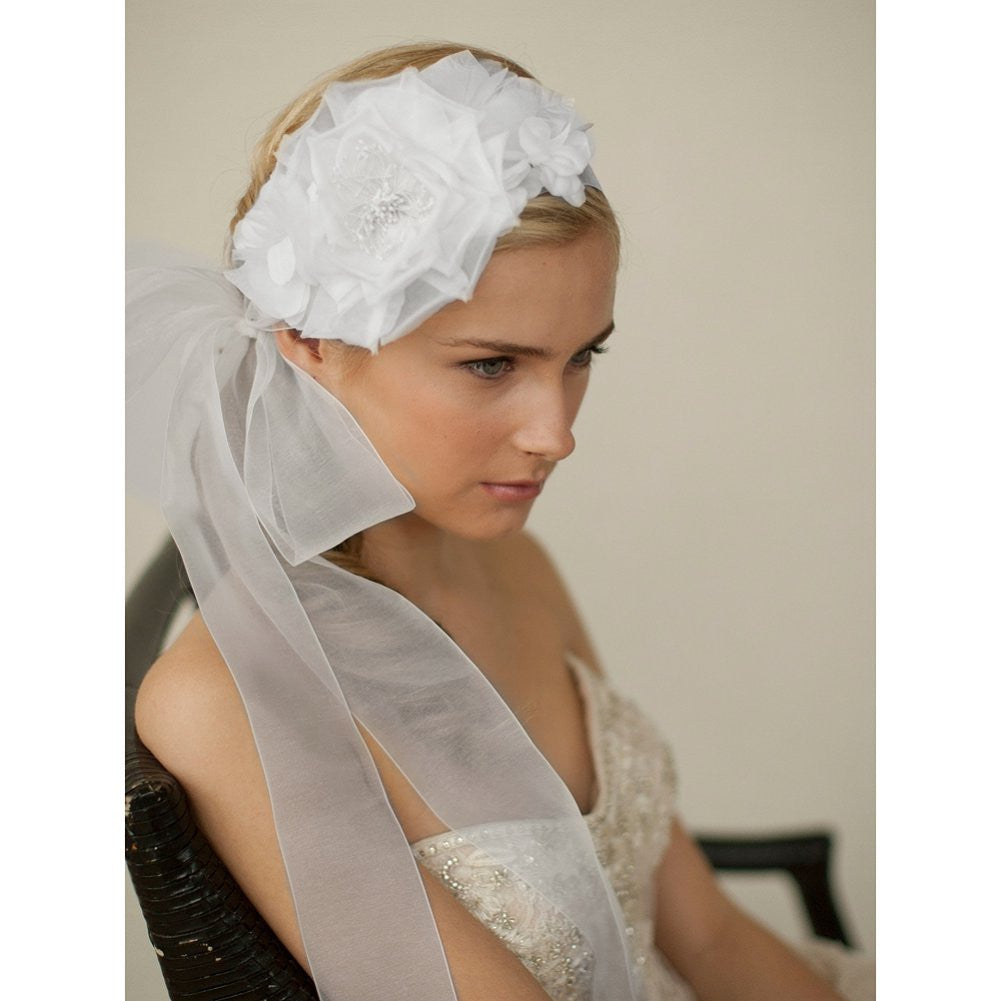 Handmade White Silk Flower Bridal Headband with Wide Sheer Ribbon - Sophie's Favors and Gifts