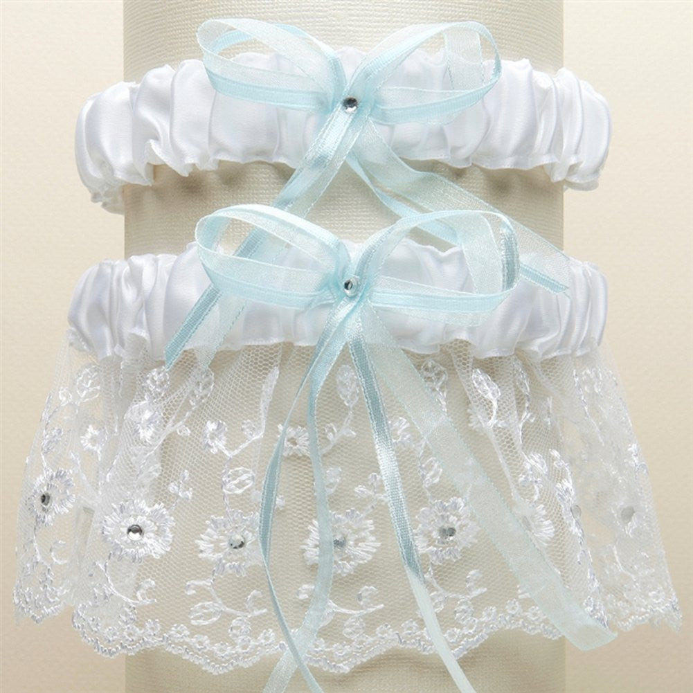 Embroidered Wedding Garter Set with Scattered Crystals - White with Blue - Sophie's Favors and Gifts