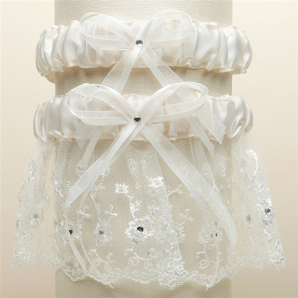 Embroidered Wedding Garter Set with Scattered Crystals - Ivory - Sophie's Favors and Gifts