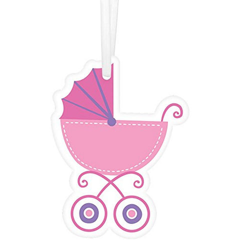 Pink Baby Carriage Die Cut Hang Tags With White Twist Ties - 2in. x 2 1/2in. - 25 Pack - Sophie's Favors and Gifts