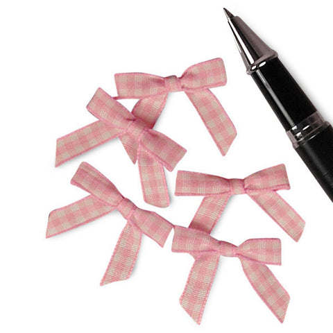 PInk and White Pre-Tied Tiny Gingham Checkered Bows - 1 3/16in. x 1 1/4in. - 25 Pack - Sophie's Favors and Gifts