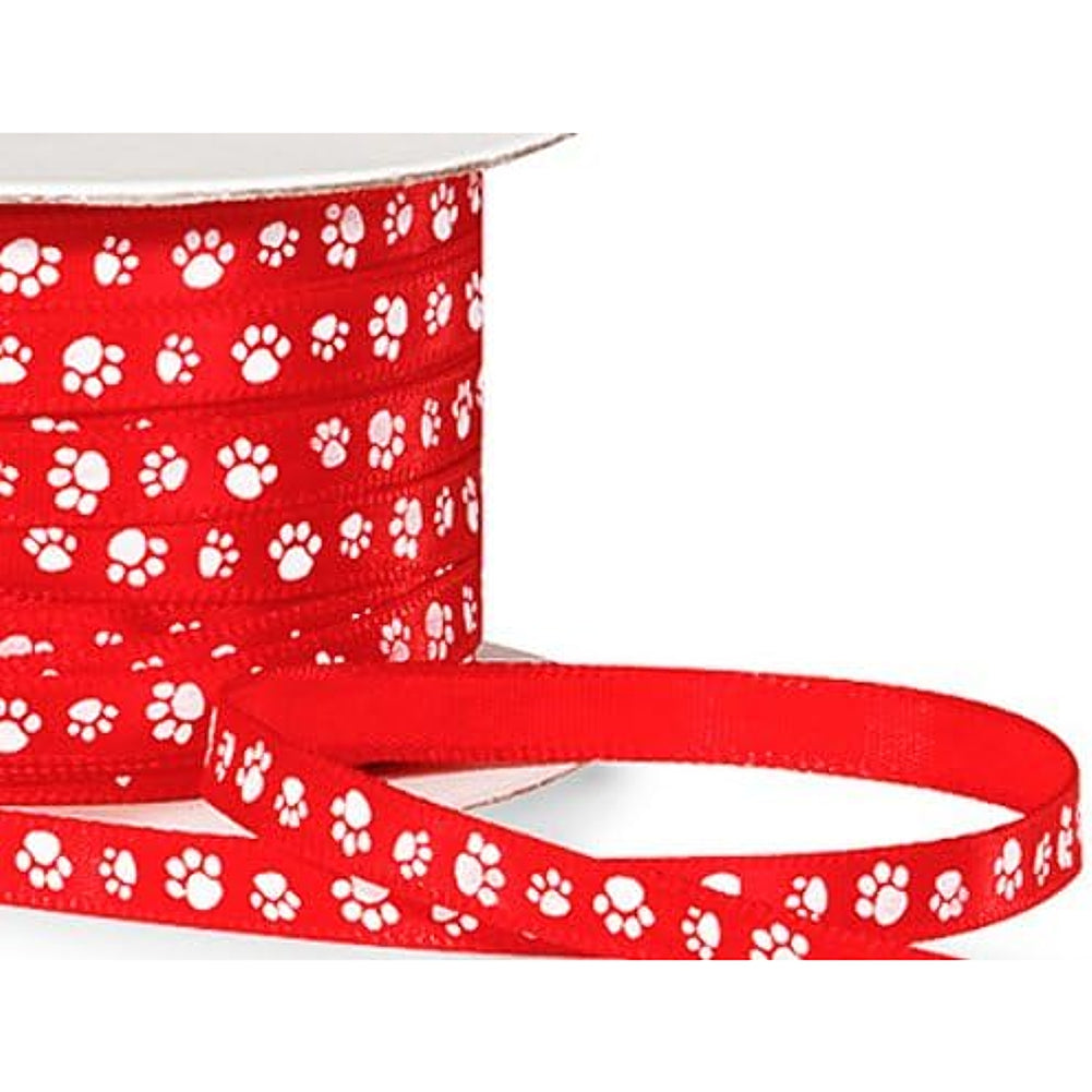 1/4" Wide Single Faced Satin Paw Print Ribbon - Red with White Paw Print - 50 Yards (SF2RE)