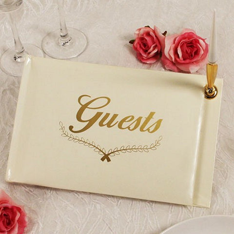 Ivory Guest Book With White Pen and Gold Holder - 9 1/2in. x 6in. (5114-4)