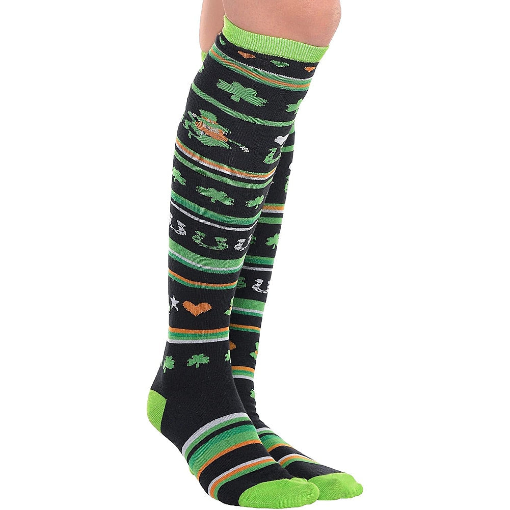 St. Patrick's Day Lucky Stripe Cotton/Spandex High Knee Socks - One Size Fits Most (1 Pair) (393277)