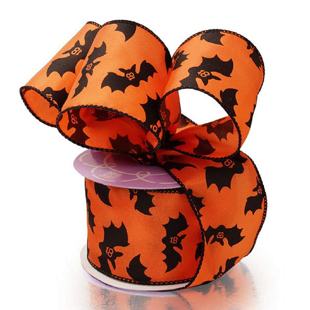 2.5" Wide Black Bats on Orange Satin Wired Ribbon - 10 Yards (561638293)