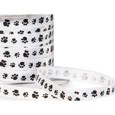 1/4" Wide Single Faced Satin Paw Print Ribbon - White with Black Paw Print - 50 Yards (SF2WH)