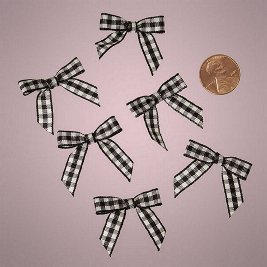 Black and White Pre-Tied Tiny Gingham Checkered Bows - 1 3/16in. x 1 1/4in. - 25 Pack - Sophie's Favors and Gifts
