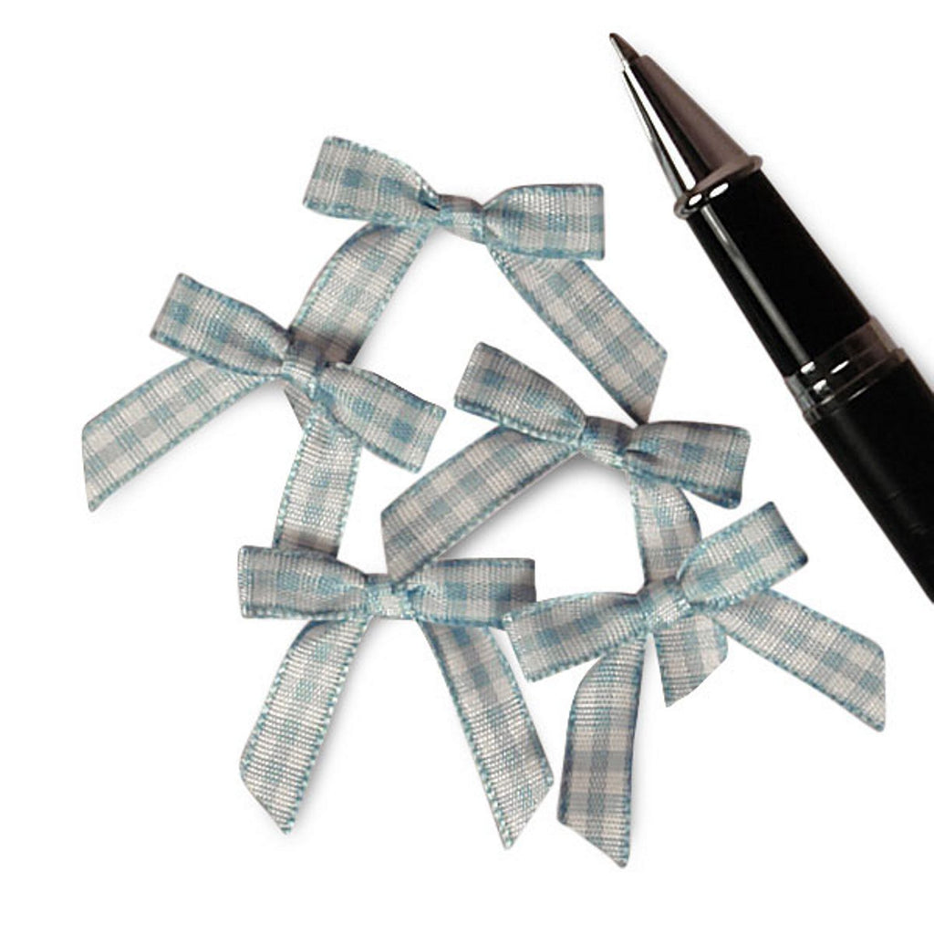 Blue and White Pre-Tied Tiny Gingham Checkered Bows - 1 3/16in. x 1 1/4in. - 25 Pack - Sophie's Favors and Gifts