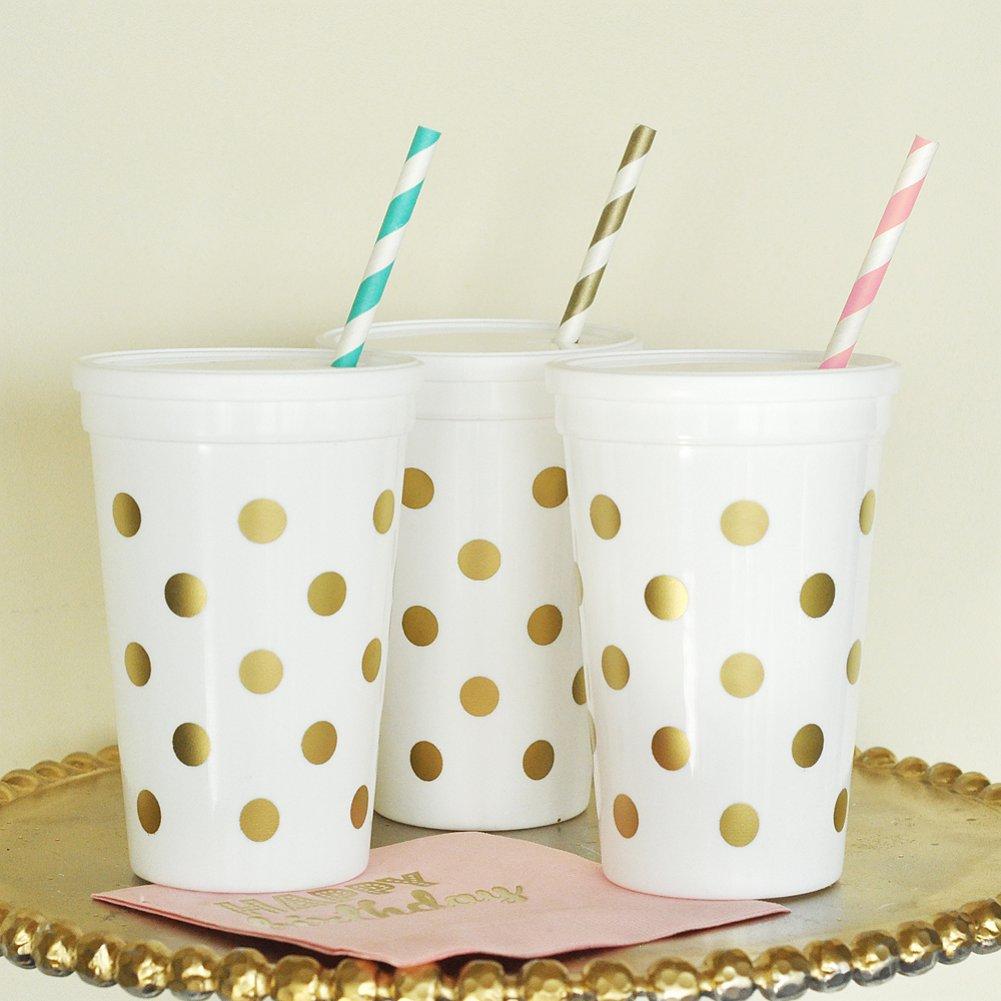 White and Gold Polka Dot Party Cups with Lids (set of 100) - Sophie's Favors and Gifts