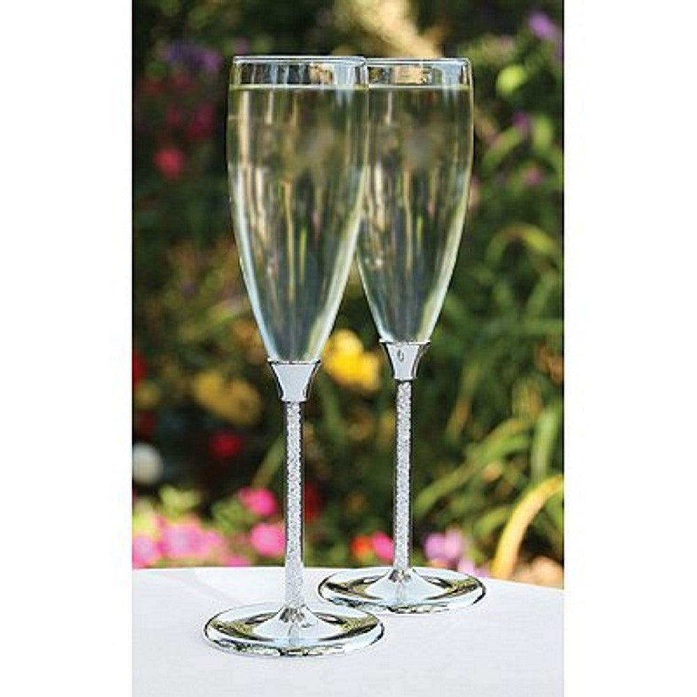 Glittering Beads Silver Accented Wedding Flutes - Sophie's Favors and Gifts