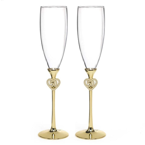 Jeweled 50th Anniversary Flutes with Brass Plated Stems and Rhinestone Studded Accents - Sophie's Favors and Gifts