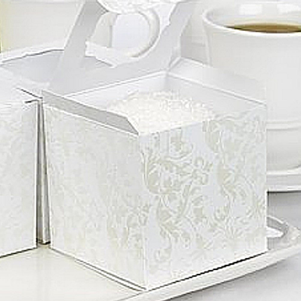 Pearl Flourish White Cupcake Boxes - 3in. X 3in. X 3in. - Sophie's Favors and Gifts
