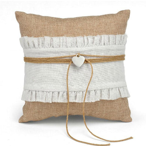 Country Romance Burlap Ring Pillow with Twine and Heart Charm - Sophie's Favors and Gifts