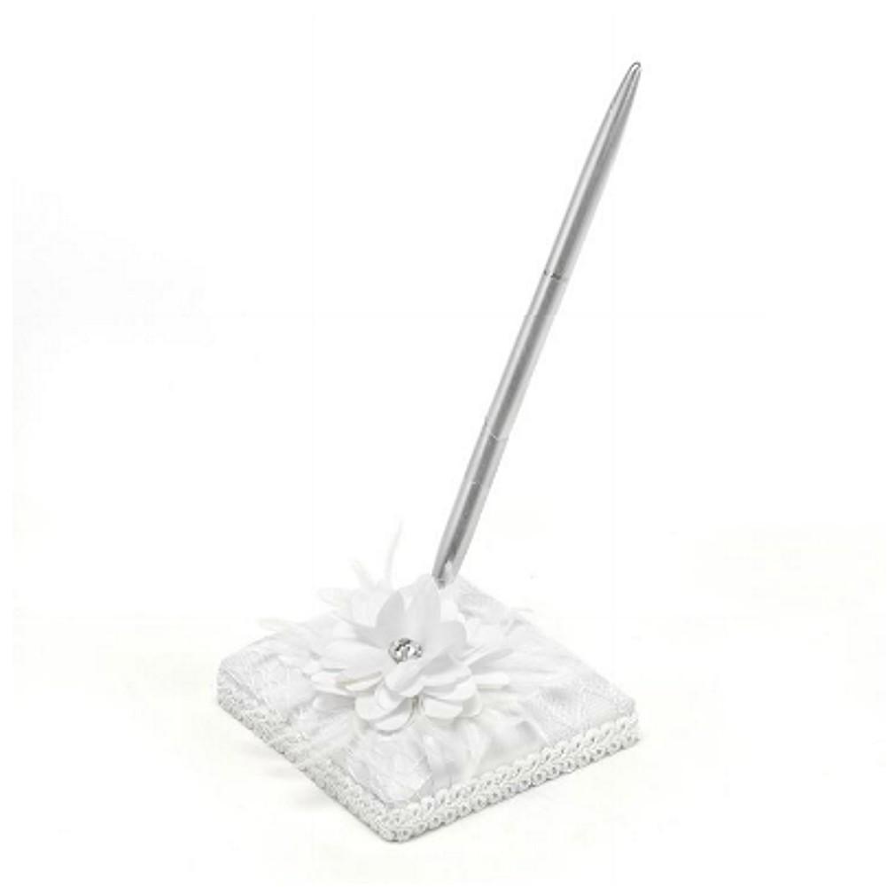 White Satin Pen Set with Silver Tone Pen - Lace, Flower, and Rhinestone Accents - Sophie's Favors and Gifts