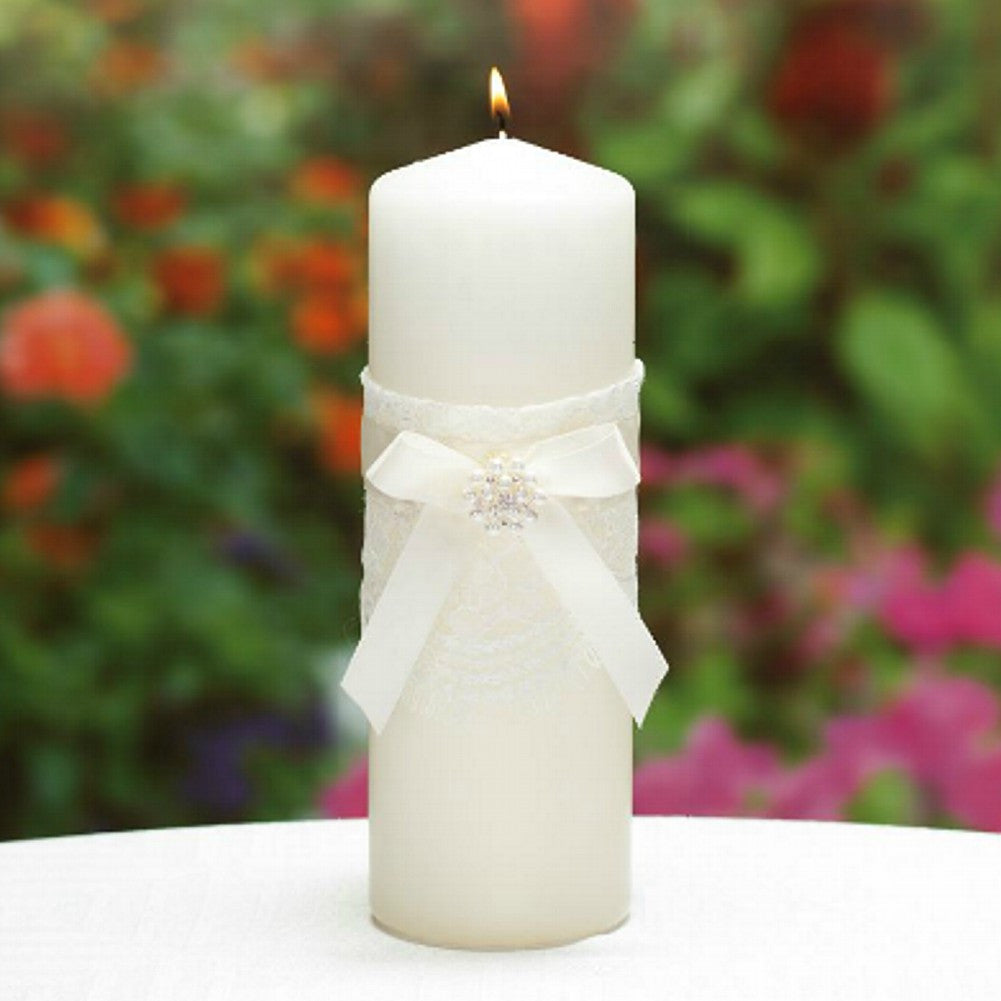 Ivory Unity Candle with Satin Bow, Rhinestone and Pearl Accents - Sophie's Favors and Gifts