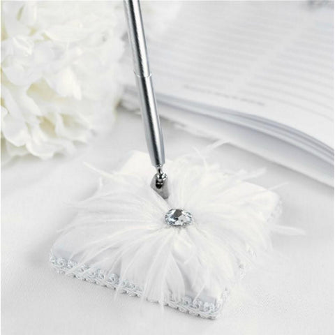 Feathered White Satin Pen Set with Silver Tone Pen - Gemstone Accent - Sophie's Favors and Gifts