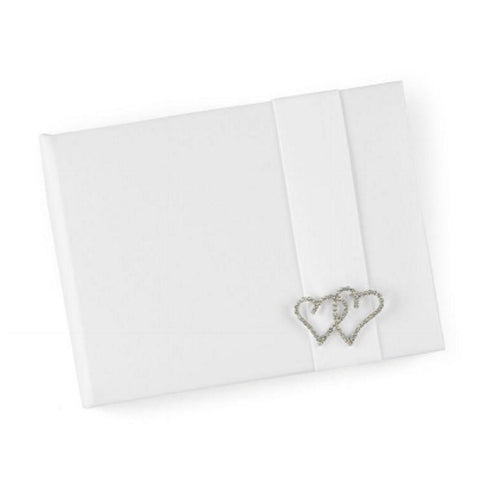 Double Rhinestone Heart White Satin Guest Book - Sophie's Favors and Gifts