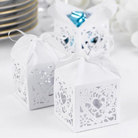 White Shimmer Favor Boxes with Ornate Heart Design - Sophie's Favors and Gifts