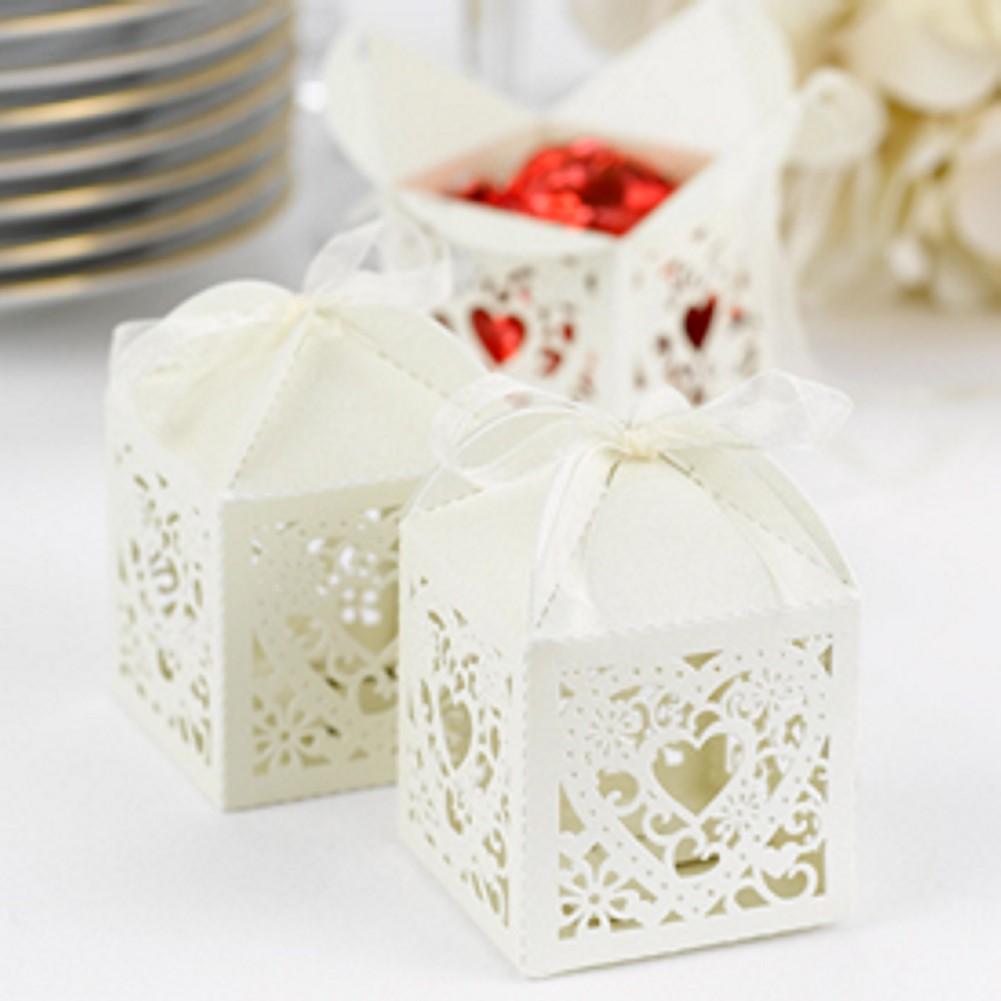 Ivory Shimmer Favor Boxes with Ornate Heart Design - Sophie's Favors and Gifts