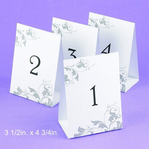 Tent Styled Table Number Cards With Grey Flourish Design - Numbers 1 through 40 - Sophie's Favors and Gifts