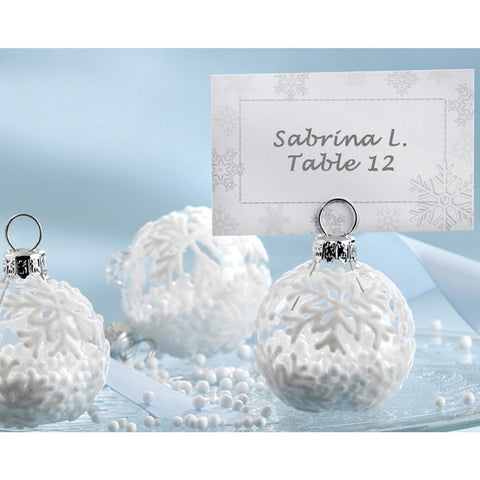 Snow Flurry Flocked Glass Ornament Place Card or Photo Holder - Sophie's Favors and Gifts