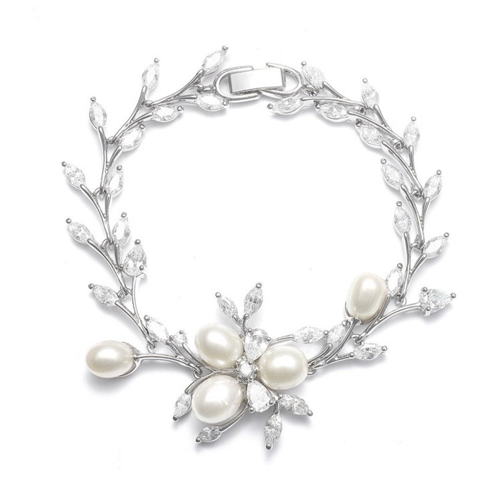 Freshwater Pearls in CZ Leaves Bracelet - Sophie's Favors and Gifts