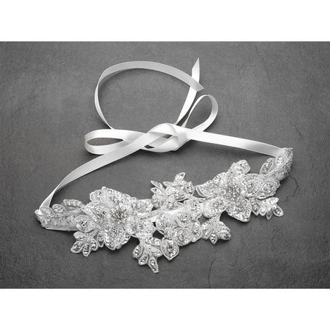 Sculptured White Lace Wedding Headband with Crystals and Beads - Sophie's Favors and Gifts