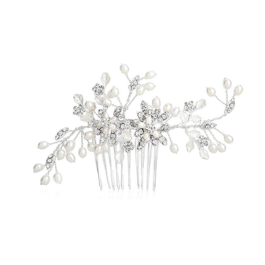 Freshwater Pearl Wedding Hair Comb with Pave Crystal Leaves - Sophie's Favors and Gifts