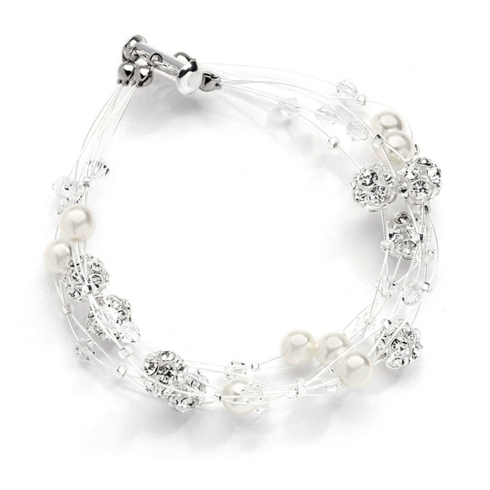Sarah's Special 4-Row Floating Pearl, Crystal and Rhinestone Fireball Illusion Bridal Bracelet - Sophie's Favors and Gifts