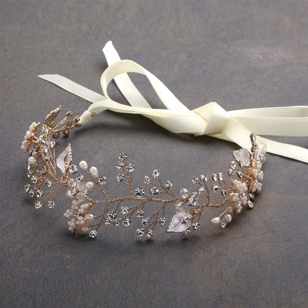 Designer Bridal Headband with Hand Painted Gold and Silver Leaves - Sophie's Favors and Gifts