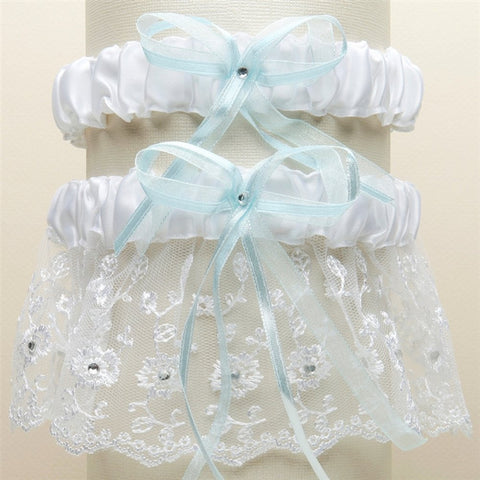Embroidered Wedding Garter Set with Scattered Crystals - White with Blue - Sophie's Favors and Gifts