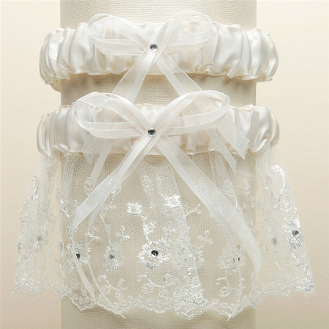 Embroidered Wedding Garter Set with Scattered Crystals - Ivory - Sophie's Favors and Gifts