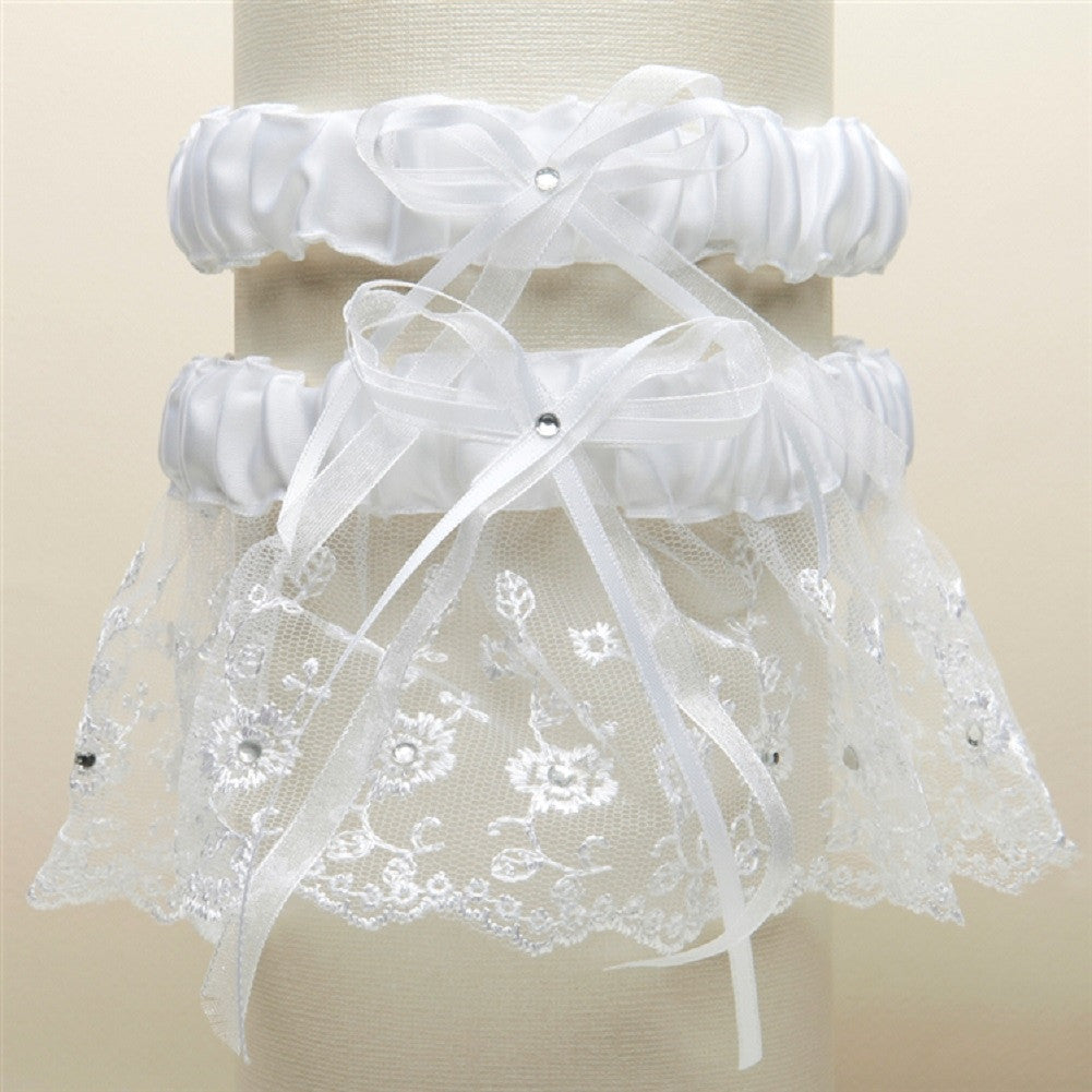 Embroidered Wedding Garter Set with Scattered Crystals - White - Sophie's Favors and Gifts