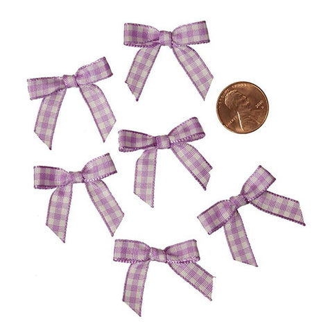 Purple and White Pre-Tied Tiny Gingham Checkered Bows - 1 3/16in. x 1 1/4in. - 25 Pack - Sophie's Favors and Gifts