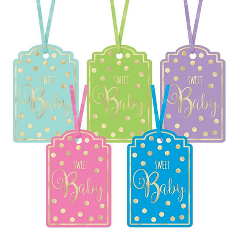 Hot Stamped Sweet Baby Hanging Gift Tags With Ribbons - Assorted Colors - 25 Pack - Sophie's Favors and Gifts